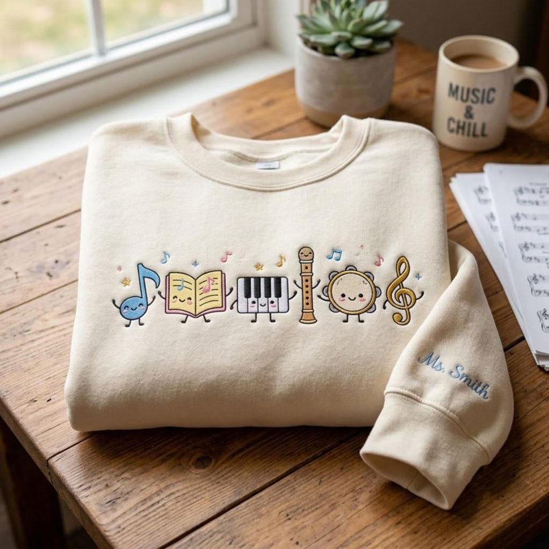 Cute Music Teacher Embroidered Crewneck, Personalized Music Sweatshirt, Custom Teacher Name Gift, Band Choir Music Lover Shirt