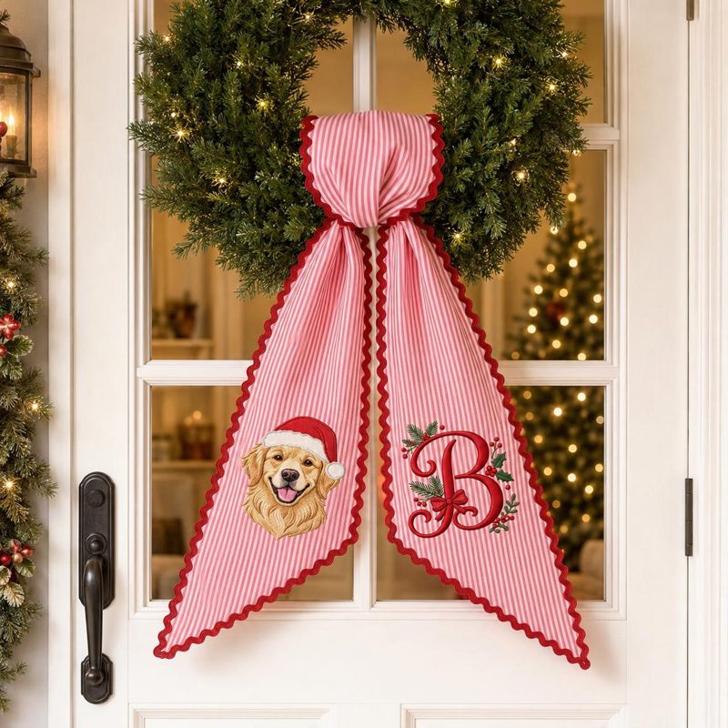 Custom Christmas Door Sash, Custom Pet Portrait Wreath Bow, Dog Photo Monogram Decor, Holiday Front Door Gift, Christmas Pet Keepsake