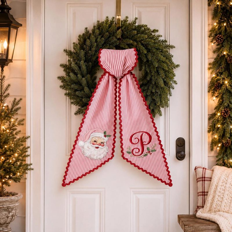 Custom Christmas Santa Claus Door Sash, Custom Initial Front Door Decor, Holiday Porch Decoration, Hostess Gift, Santa Monogram Wreath Bow