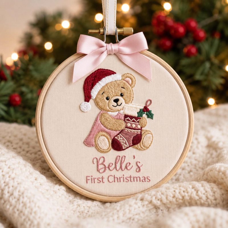 Personalized Baby First Christmas Ornament, Nursery Decor, Newborn Holiday Gift, Embroidered Teddy Bear Hoop, Custom Name Keepsake