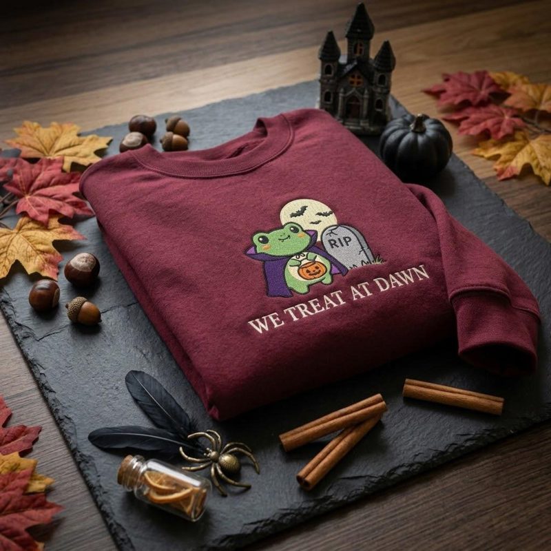 Cute Vampire Frog Embroidered Crewneck, We Treat at Dawn Halloween Sweatshirt, Spooky Trick or Treat Gift, Cozy Autumn Outfit Idea