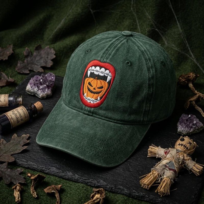 Halloween Vampire Pumpkin Washed Hat, Embroidered Gothic Dad Cap, Jack O Lantern Baseball Hat, Spooky Season Gift, Horror Style Gift
