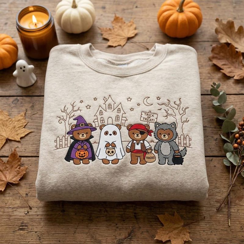 Halloween Animal Embroidered Sweatshirt, Cute Bear Costume Crewneck, Ghost Pumpkin Autumn Gift, Cozy Fall Clothing