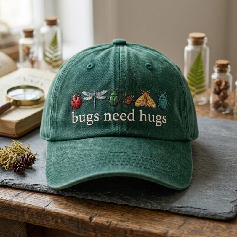 Cute Bug Embroidered Hat, Bugs Need Hugs Washed Cap, Nature Inspired Dad Hat, Insect Lover Gift, Botanical Baseball Cap Style