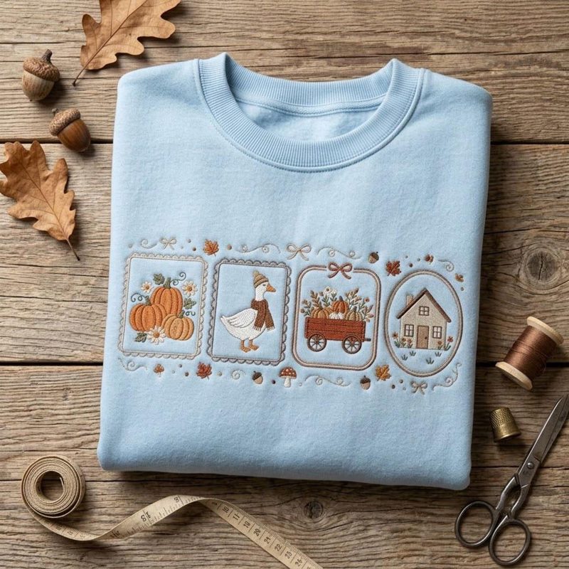Embroidered Autumn Crewneck, Pumpkin Goose Sweatshirt, Cozy Farmhouse Shirt, Cottagecore Fall Gift, Thanksgiving Season Apparel Top