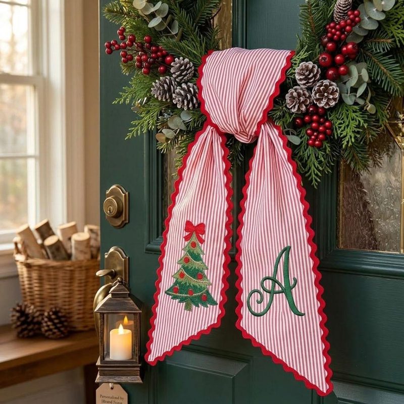 Custom Monogram Christmas Sash, Embroidered Wreath Bow, Personalized Holiday Tree Decor, Festive Door Accent, Family Name Gift Idea