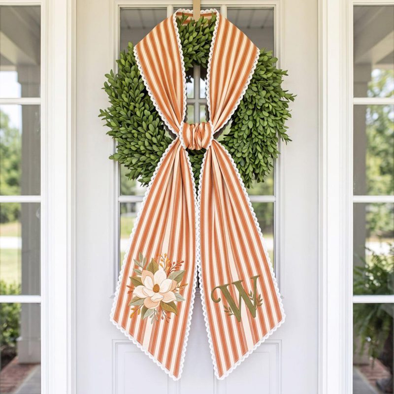 Personalized Fall Door Sash, Embroidered Magnolia Monogram, Autumn Wreath Bow, Unique Housewarming Gift Idea, Striped Front Door Decor