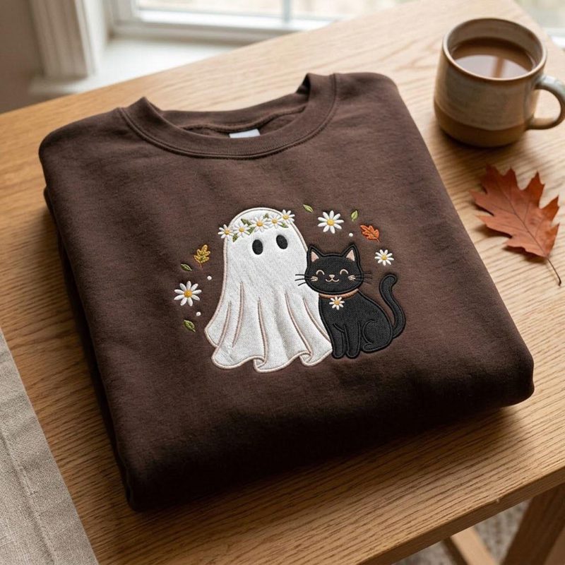 Cute Ghost and Black Cat Sweatshirt, Embroidered Halloween Crewneck, Floral Spooky Shirt, Autumn Gift, Cozy Fall Gift Idea for Mom