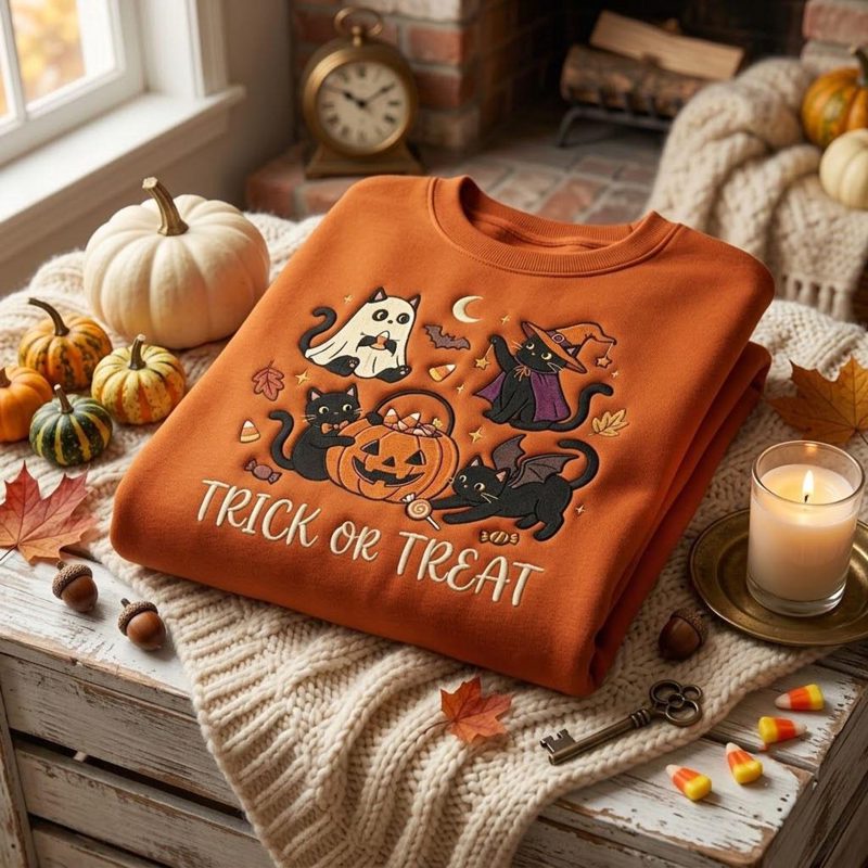 Halloween Embroidered Sweatshirt, Trick or Treat Cat Ghost Witch Design, Cute Pumpkin Spooky Season Pullover, Cozy Autumn Gift