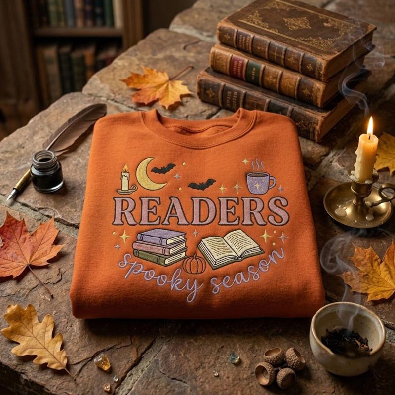 Book Lover Halloween Sweatshirt, Readers Spooky Season Embroidery, Cozy Autumn Reading Shirt, Pumpkin Moon Bat Gift Idea
