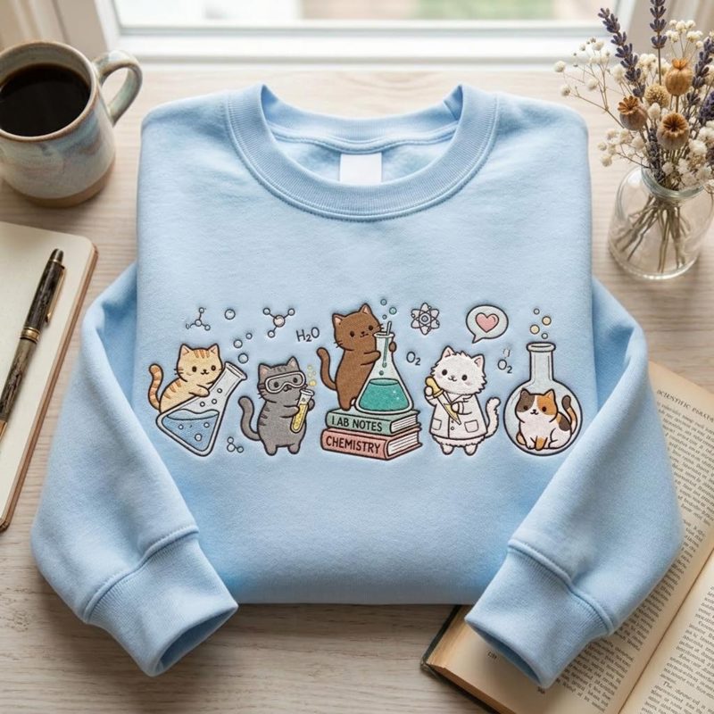 Embroidered Chemistry Cats Sweatshirt, Funny Laboratory Cat Shirt, Funny Science Teacher Shirt, Cat Lover Tee, STEM Student Gift Shirt