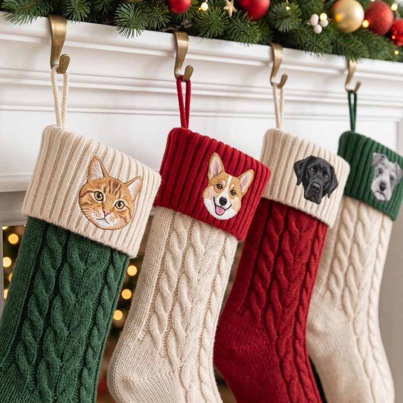 Personalized Pet Christmas Stocking, Custom Dog Cat Portrait Embroidered Knit Stocking, Pet Memorial Holiday Gift, Dog Mom Cat Mom Decor