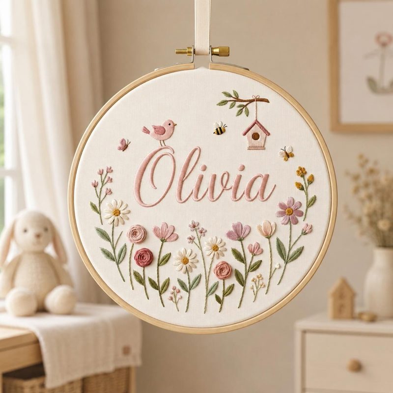 Custom Birth Flower Embroidery Hoop, Custom Name Floral Wall Art, Baby Girl Nursery Decor, Handmade Linen Hoop Gift, Baby Name Hoop