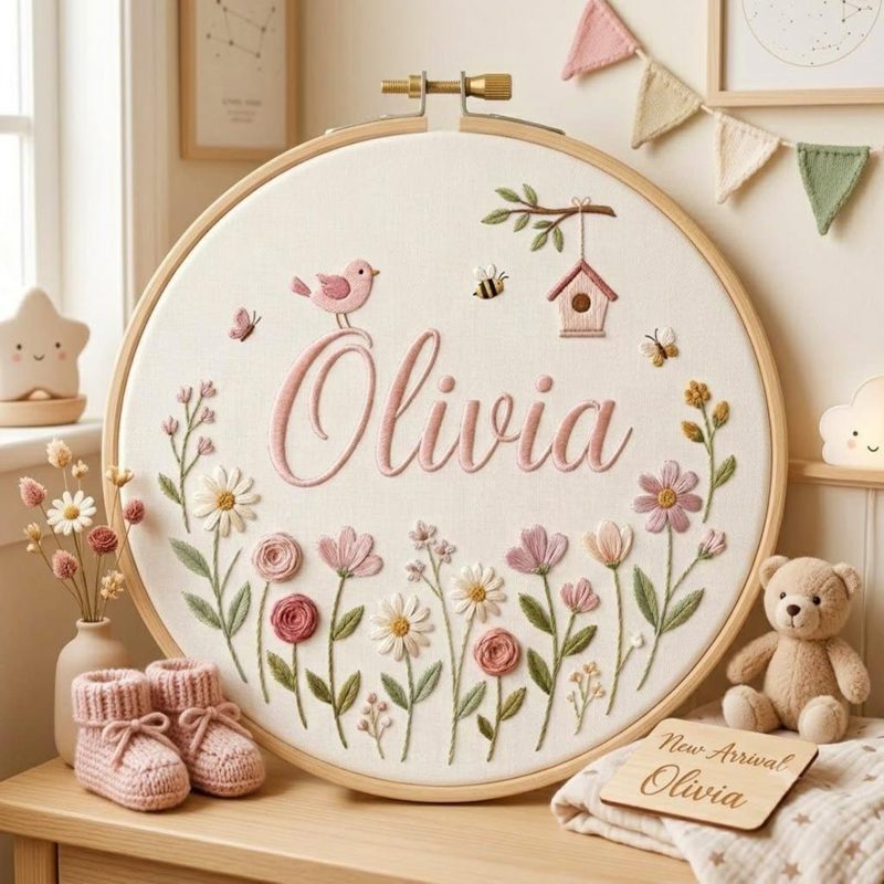 Embroidered Custom Birth Flower Hoop, Handmade Linen Hoop Gift, Custom Name Floral Wall Art, Baby Girl Nursery Decor, Baby Name Hoop