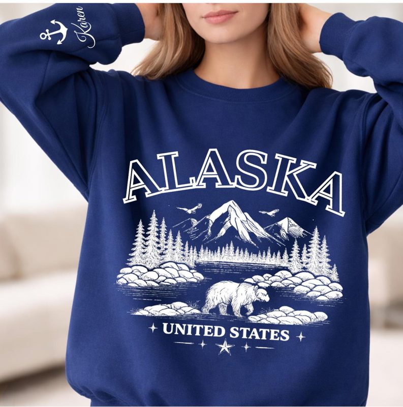 Name on Sleeve Personalized Alaska Sweatshirt, Matching Alaska Family Vacation Outfit, Alaska Family Trip Top, Alaska Cruise Squad Top