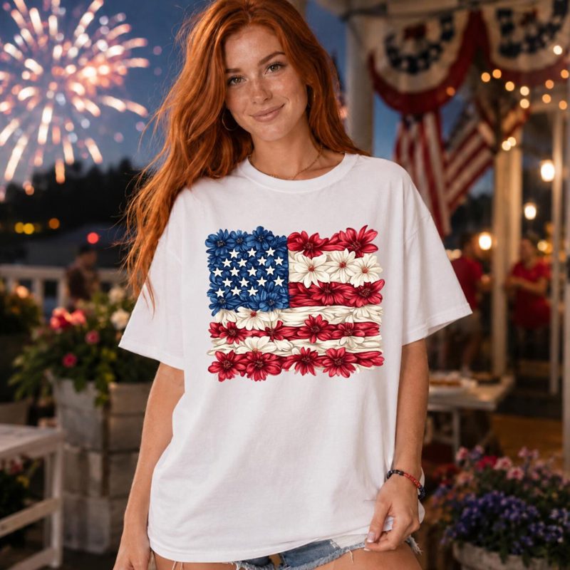 Floral American Flag Shirt, 4th of July Shirt, Patriotic USA Shirt, Red White Blue Flower Flag Tee, Summer Tee