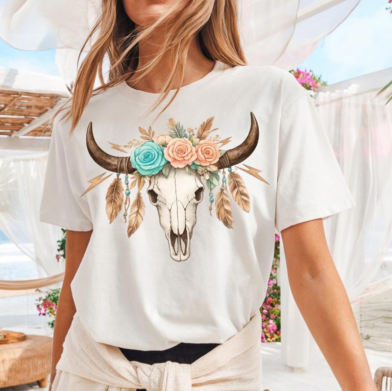 Longhorn Skull Shirt, Western Boho Design Tee, Floral Longhorn TShirt, Country Concert Matching Outfit, Cowgirl Western Rodeo Top