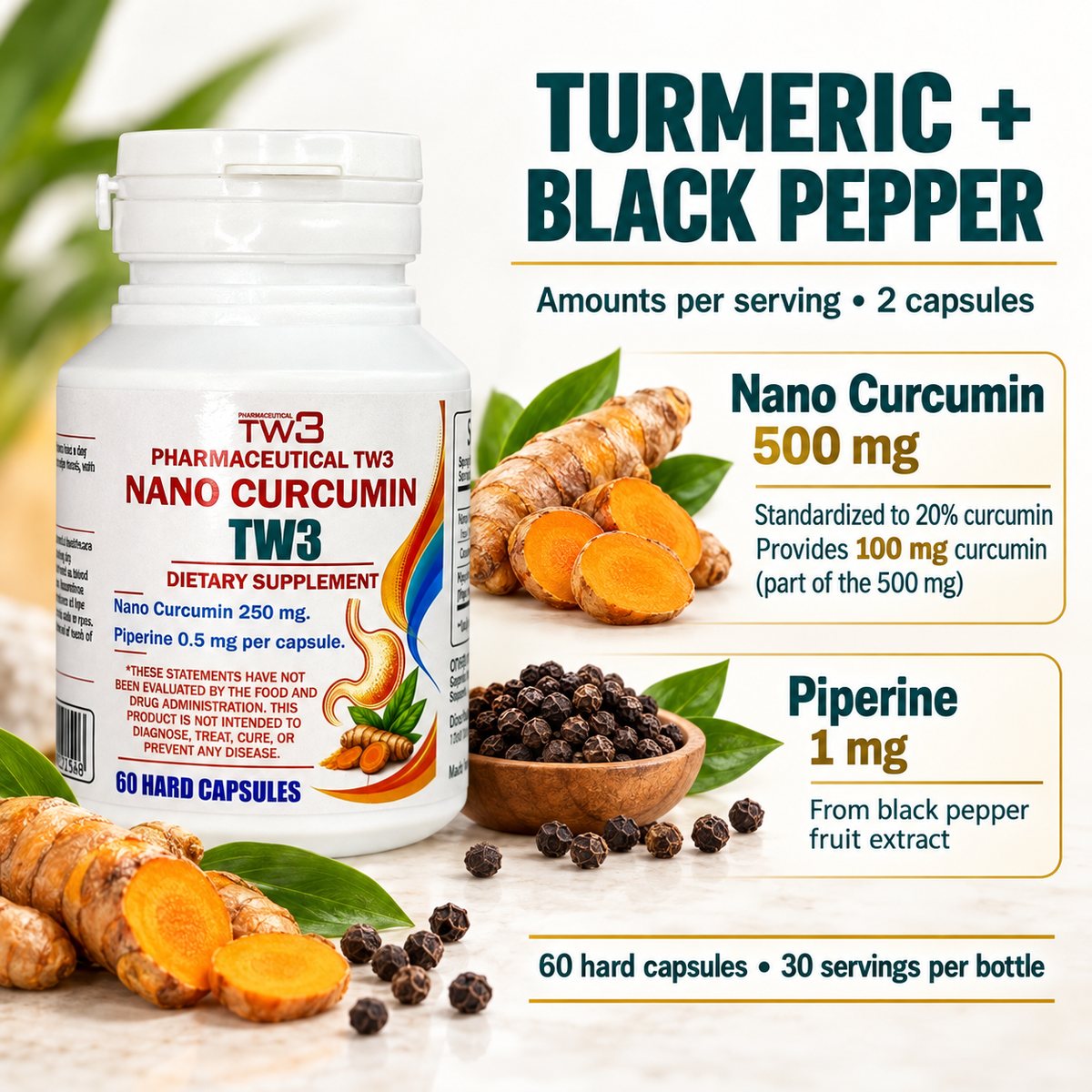 TW3 Nano Curcumin turmeric and black pepper amounts per serving