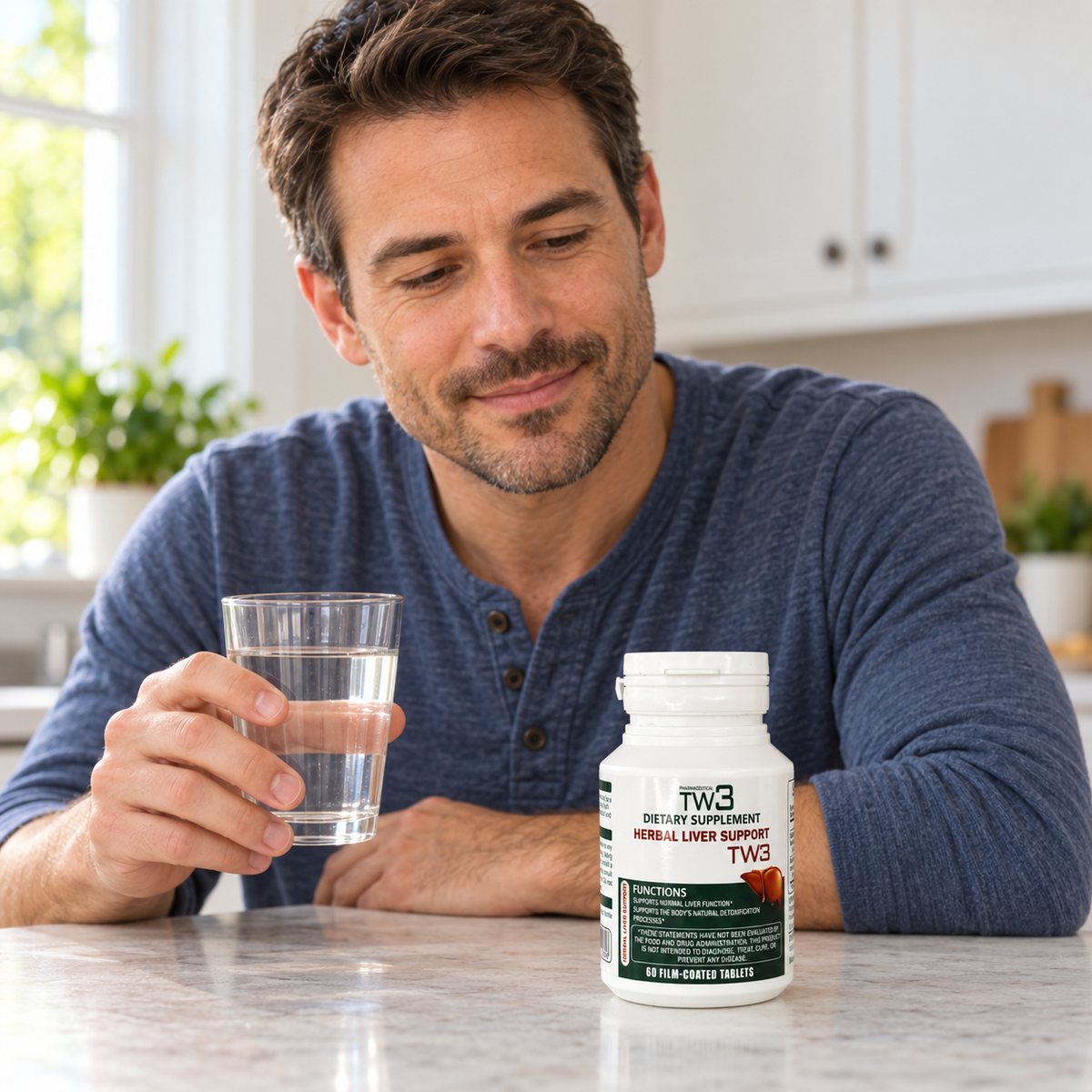 Reading the label of a TW3 bottle at the kitchen counter